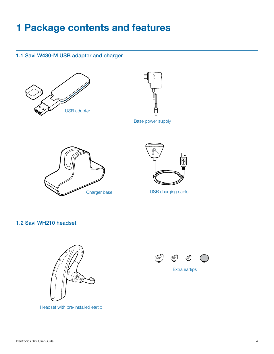 1 package contents and features | Plantronics Savi W430-M User Manual | Page 4 / 19