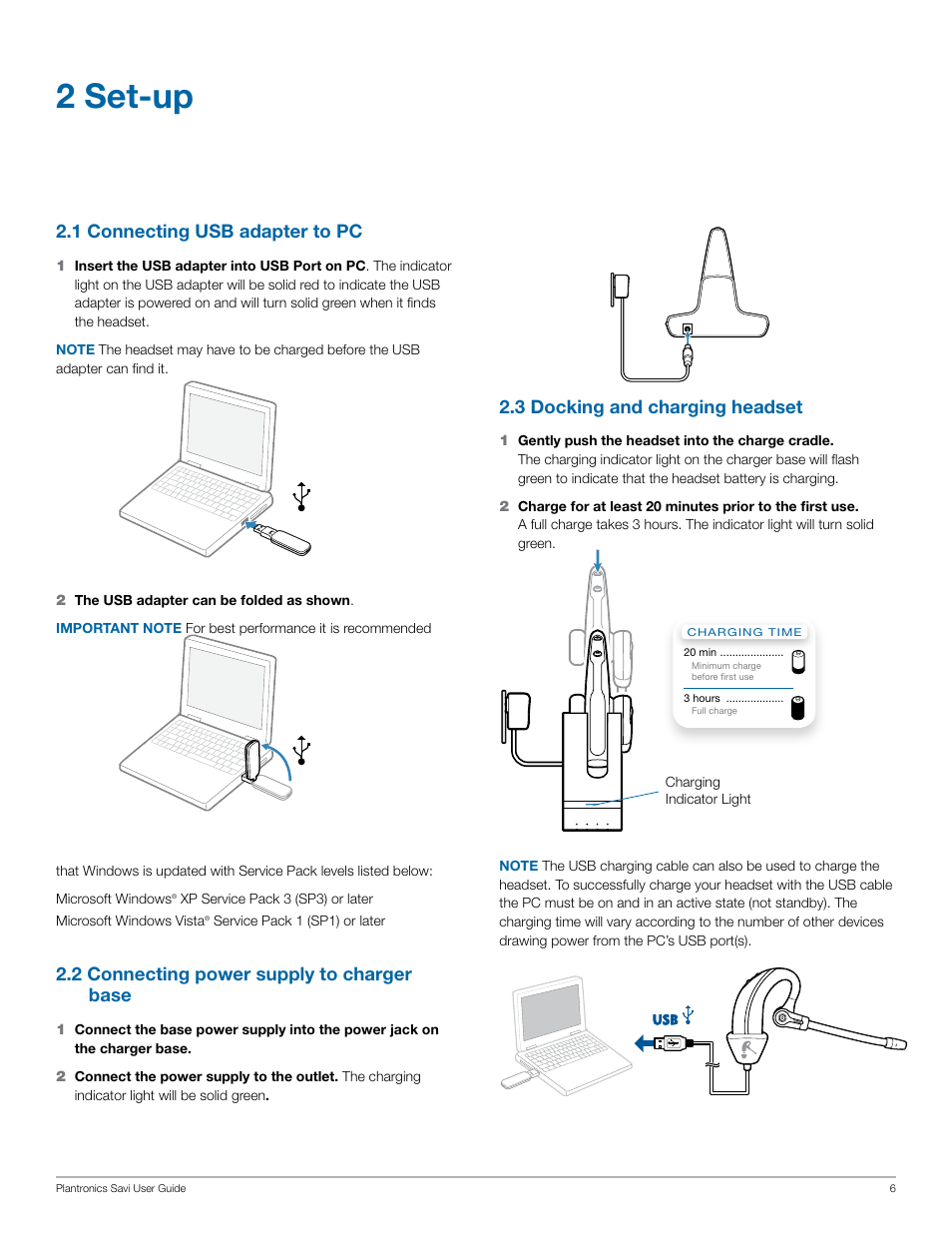 2 set-up, 3 docking and charging headset, 1 connecting usb adapter to pc | 2 connecting power supply to charger base | Plantronics Savi W430-M User Manual | Page 6 / 19