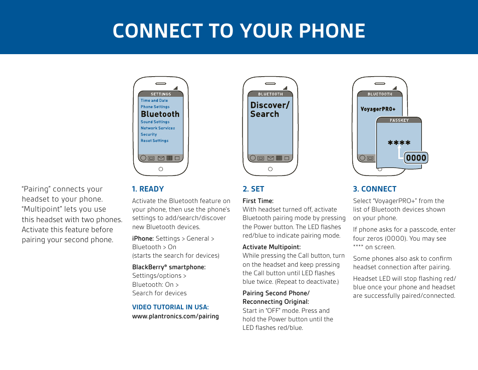 Connect to your phone | Plantronics Voyager PRO User Manual | Page 3 / 10