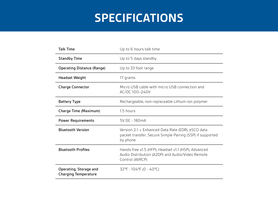 Specifications | Plantronics Voyager PRO User Manual | Page 9 / 10