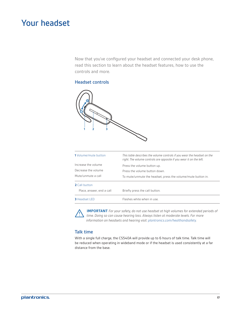 Your headset, Headset controls, Talk time | Plantronics CS540 User Manual | Page 17 / 24