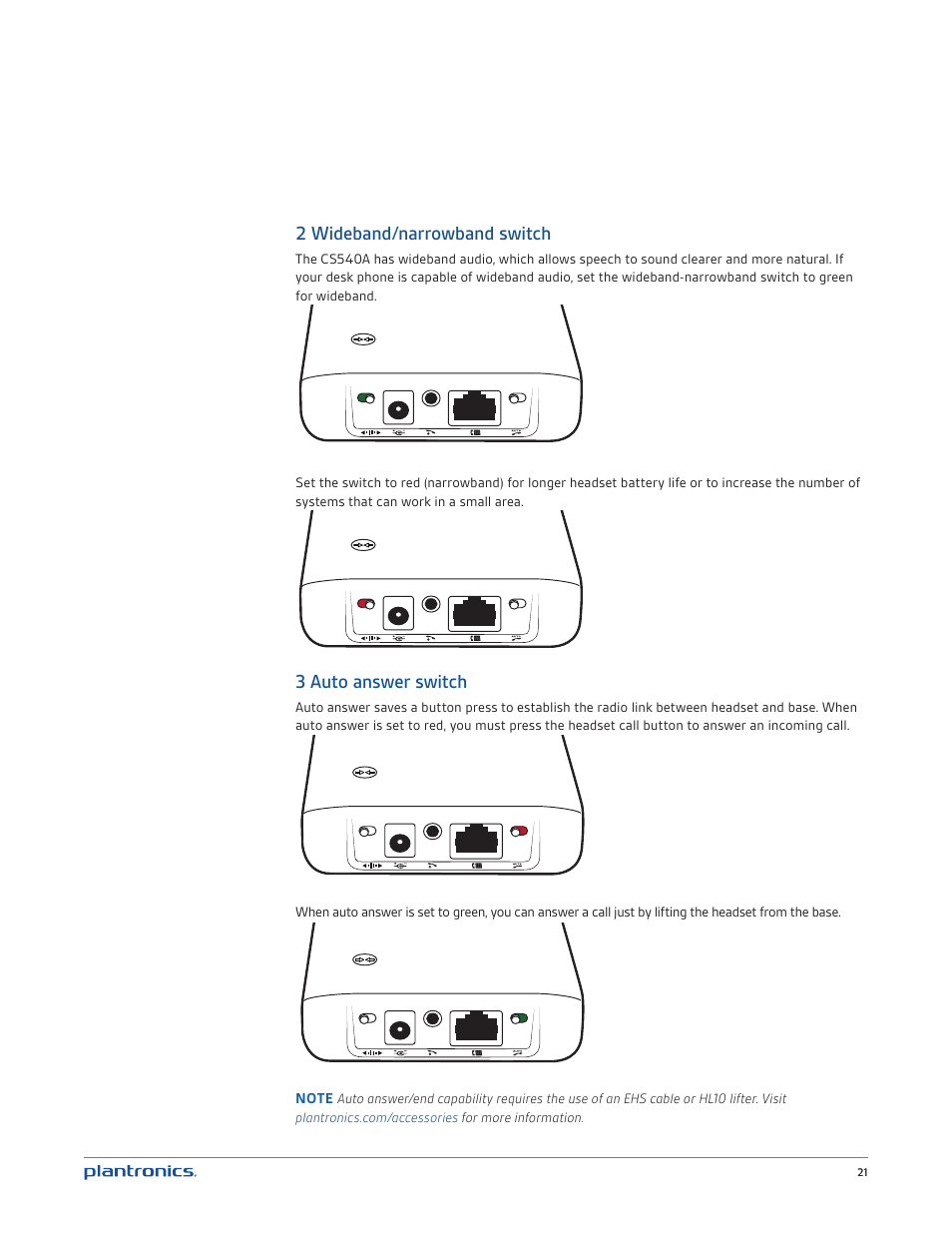 2 wideband/narrowband switch, 3 auto answer switch | Plantronics CS540 User Manual | Page 21 / 24