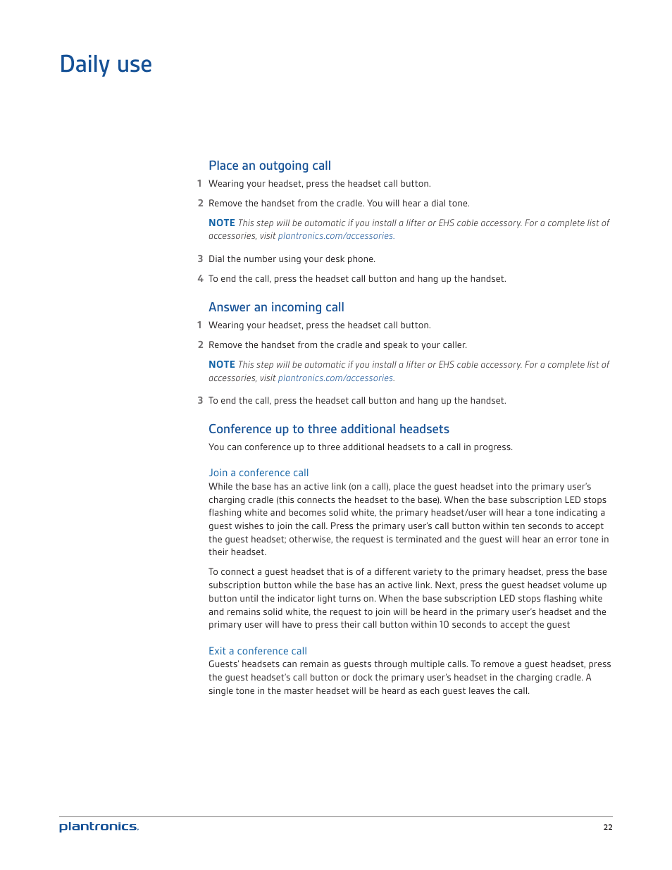 Daily use, Place an outgoing call, Answer an incoming call | Conference up to three additional headsets | Plantronics CS540 User Manual | Page 22 / 24