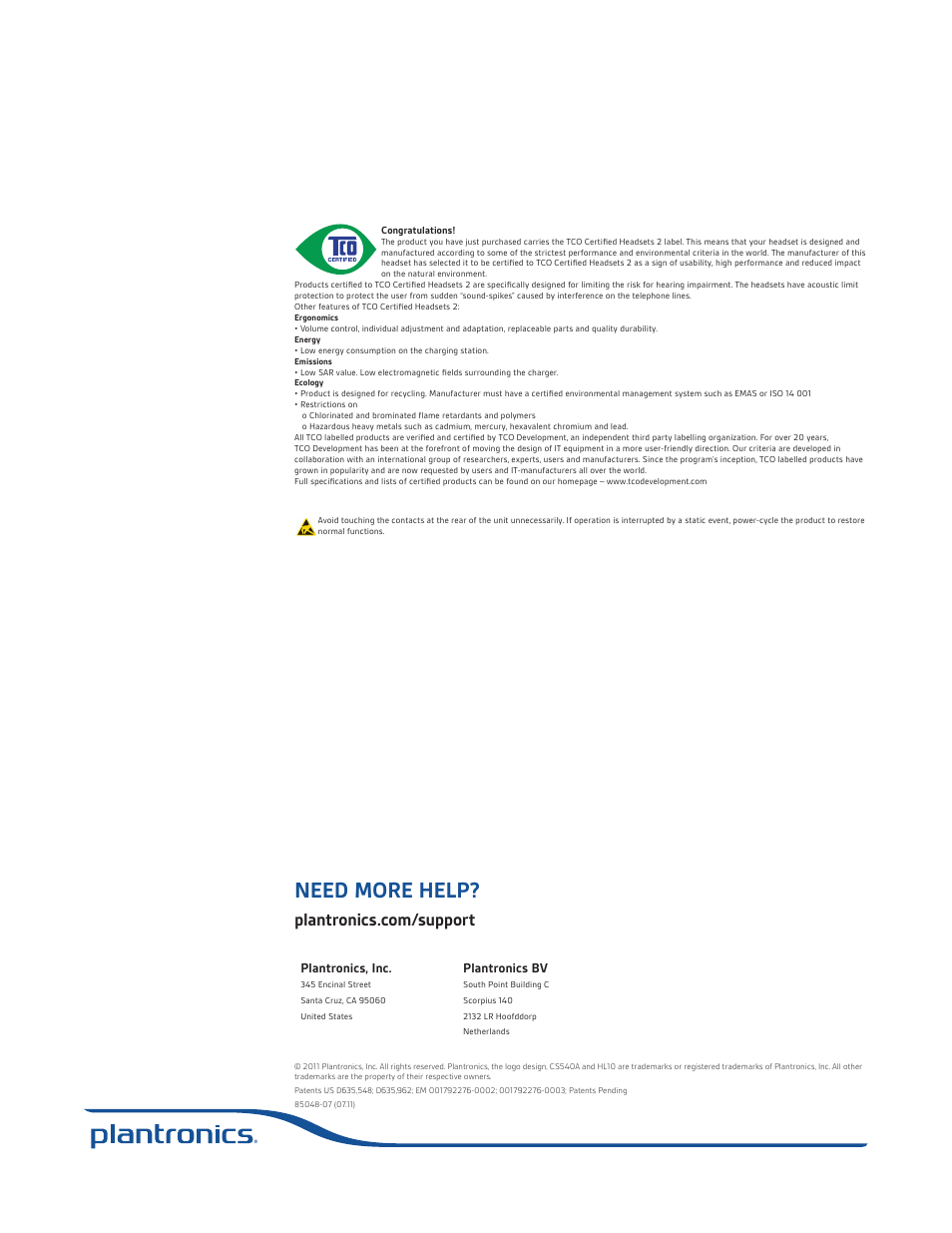 Need more help, Plantronics, inc, Plantronics bv | Plantronics CS540 User Manual | Page 24 / 24