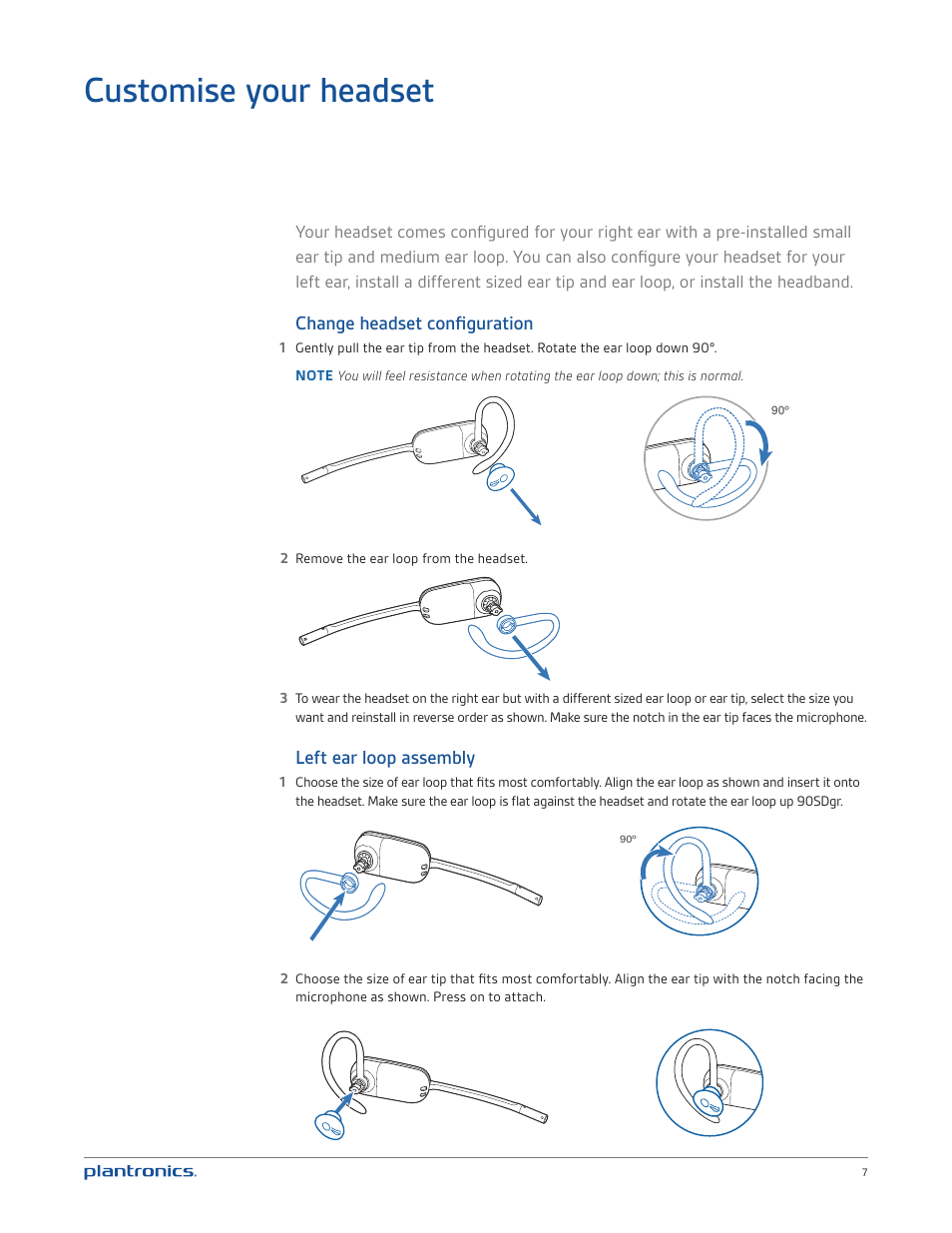 Customise your headset, Change headset configuration, Left ear loop assembly | Plantronics CS540 User Manual | Page 7 / 24