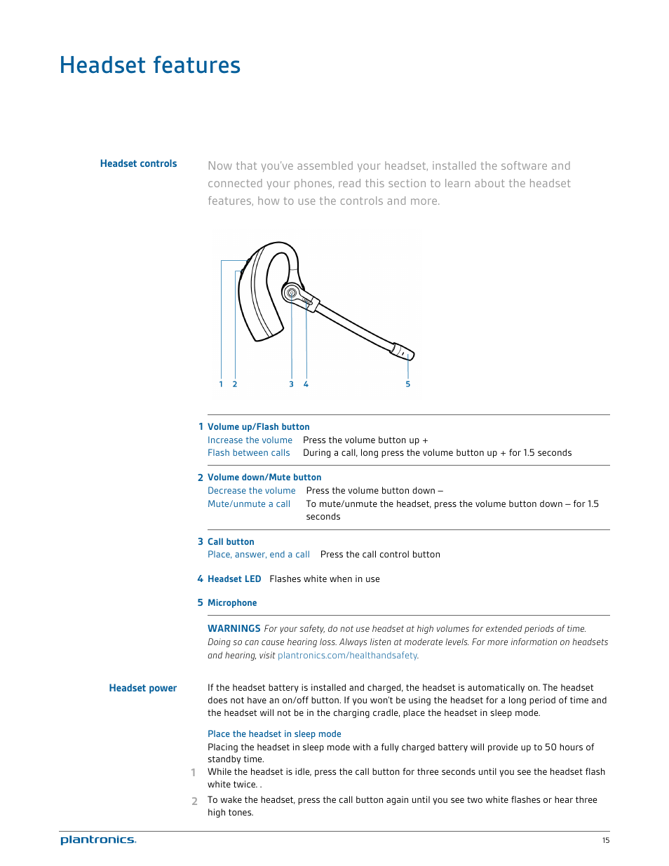 Headset features, Headset controls, Headset power | Place the headset in sleep mode | Plantronics Savi W730 User Manual | Page 15 / 36