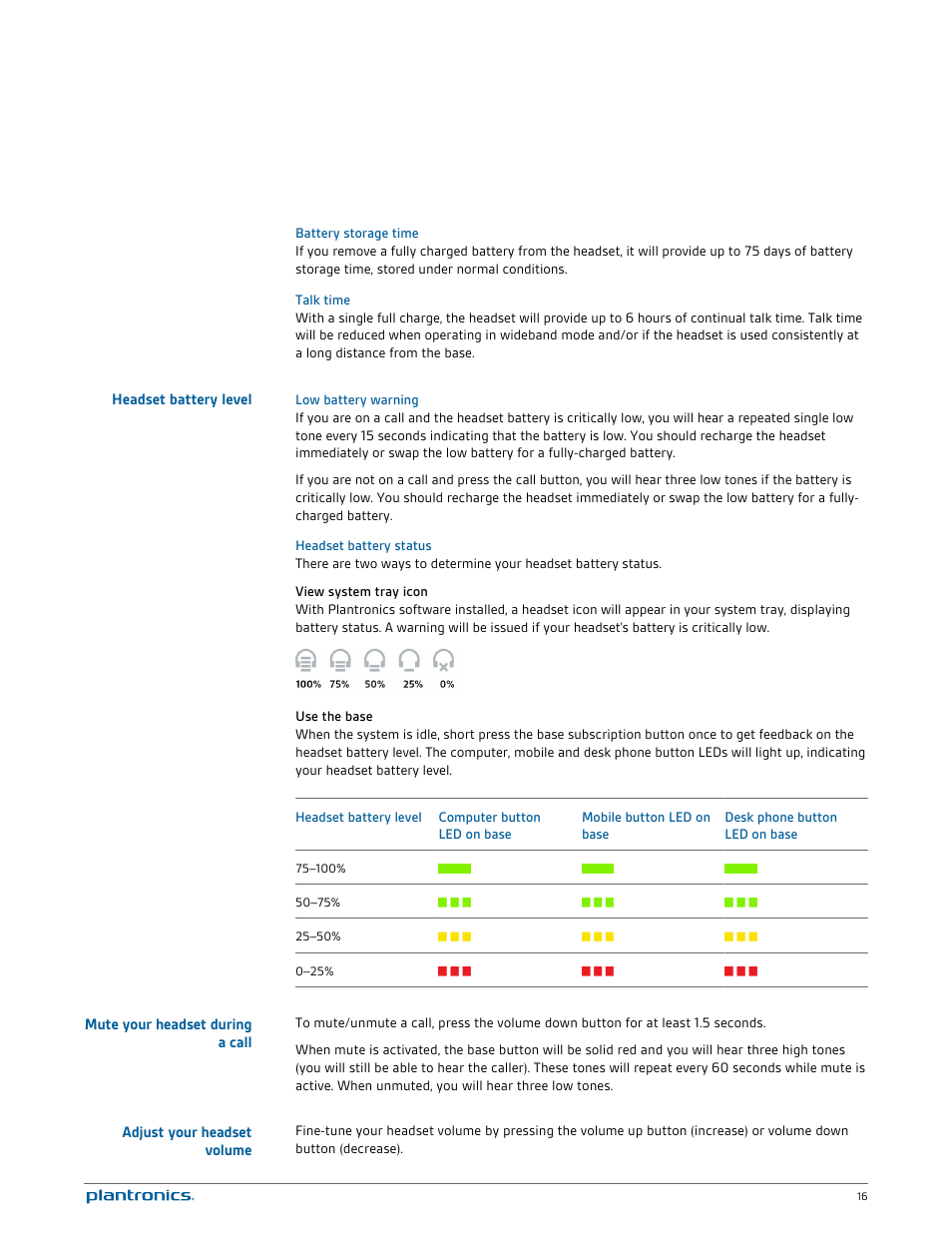 Battery storage time, Talk time, Headset battery level | Low battery warning, Headset battery status, View system tray icon, Use the base, Mute your headset during a call, Adjust your headset volume | Plantronics Savi W730 User Manual | Page 16 / 36