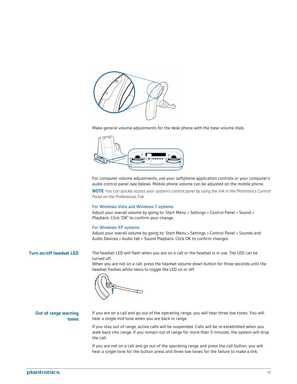 For windows vista and windows 7 systems, For windows xp systems, Turn on/off headset led | Out of range warning tones | Plantronics Savi W730 User Manual | Page 17 / 36