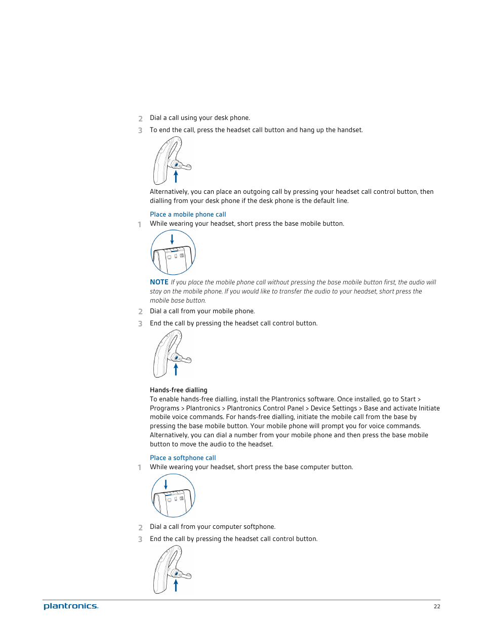 Place a mobile phone call, Hands-free dialling, Place a softphone call | Plantronics Savi W730 User Manual | Page 22 / 36