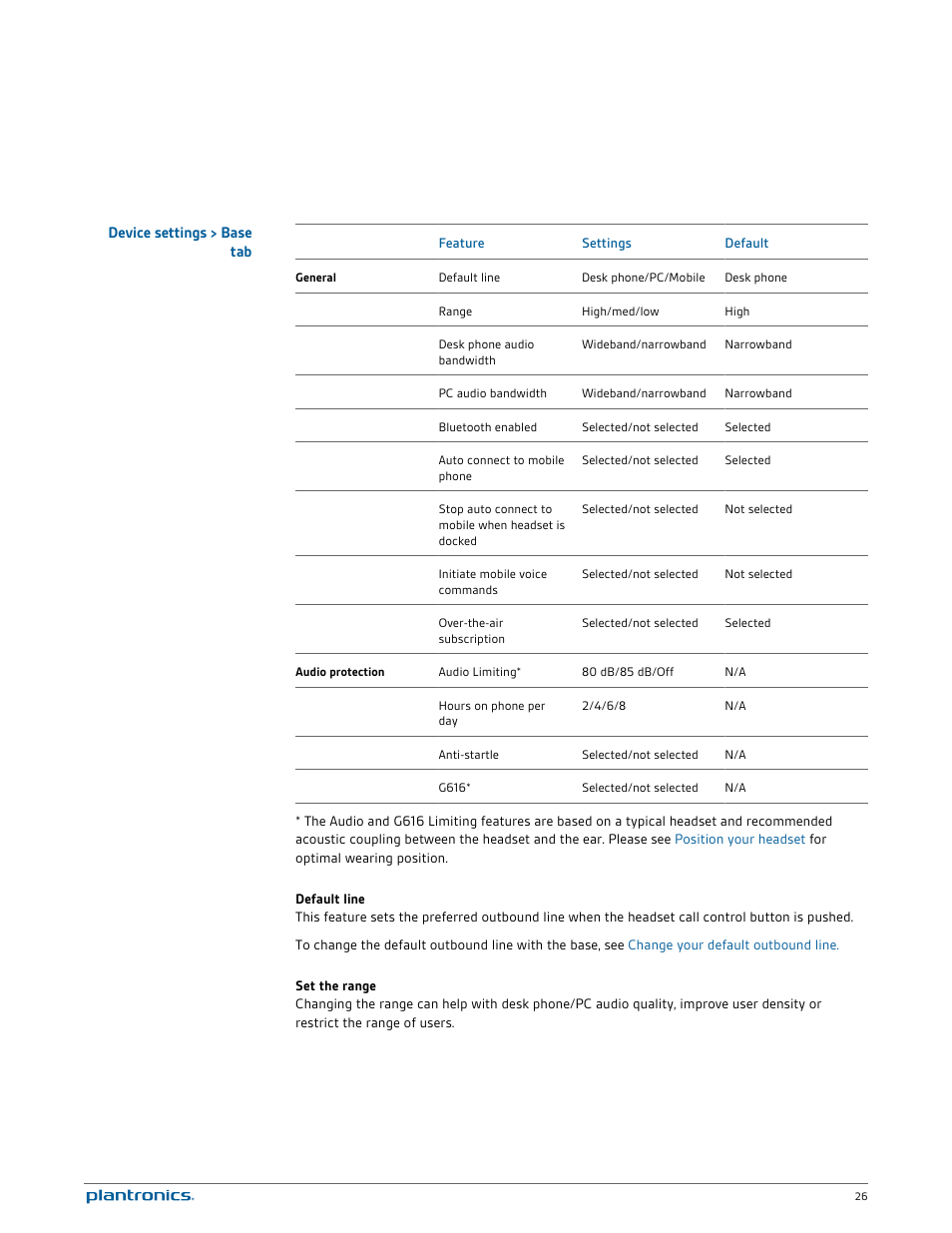 Device settings > base tab | Plantronics Savi W730 User Manual | Page 26 / 36