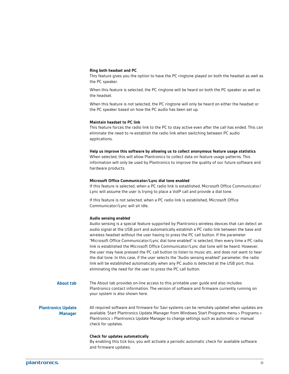 About tab, Plantronics update manager | Plantronics Savi W730 User Manual | Page 31 / 36