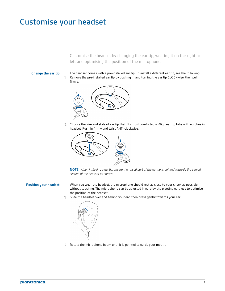 Customise your headset, Change the ear tip, Position your headset | Plantronics Savi W730 User Manual | Page 8 / 36