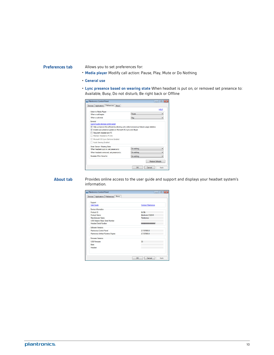 Preferences tab, About tab | Plantronics Blackwire C520M User Manual | Page 10 / 14
