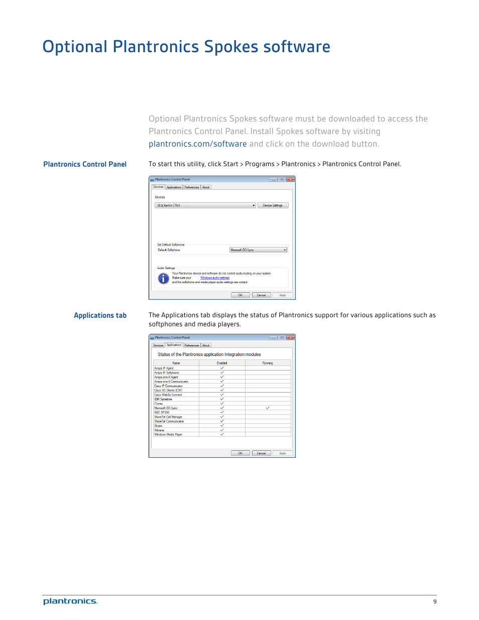 Optional plantronics spokes software, Plantronics control panel, Applications tab | Plantronics Blackwire C520M User Manual | Page 9 / 14