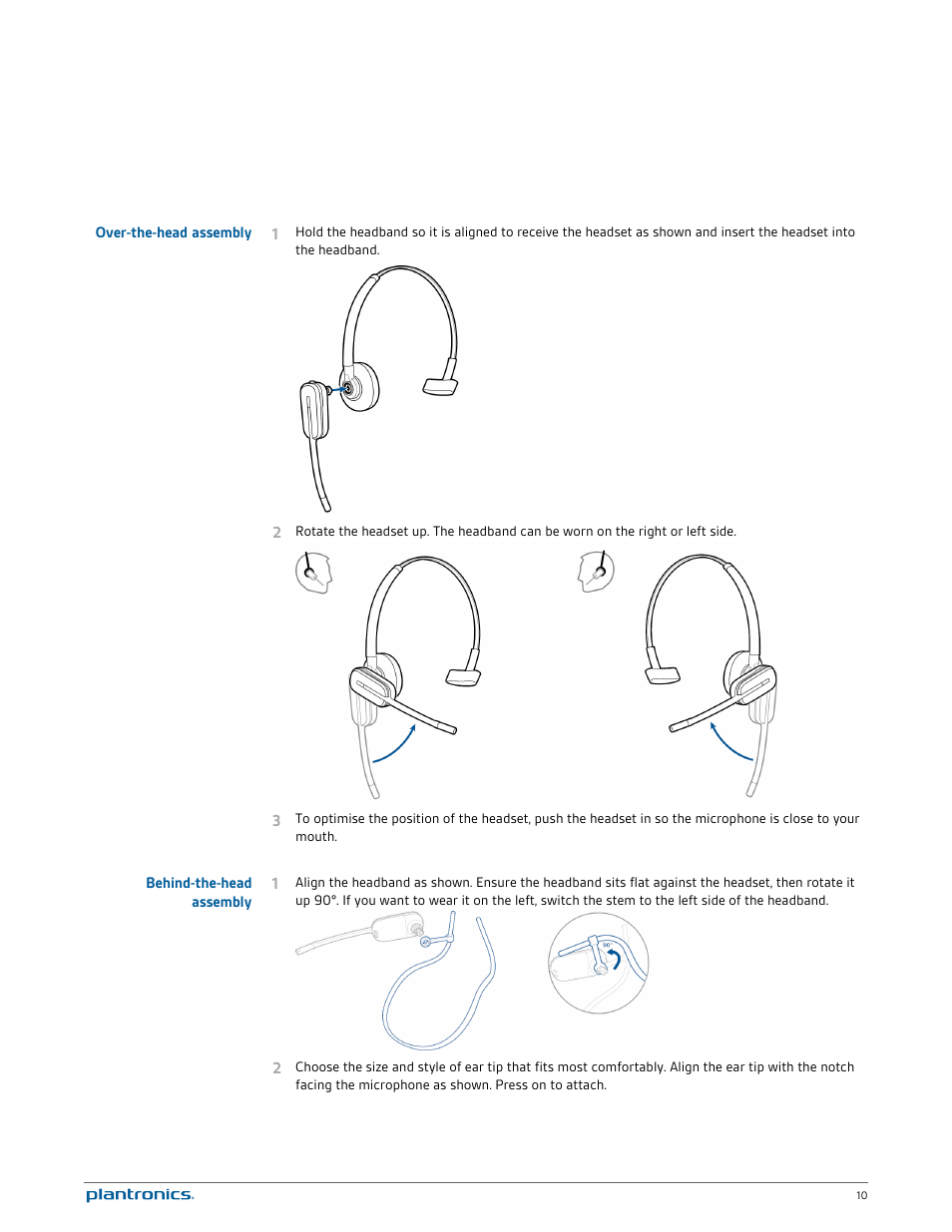 Over-the-head assembly, Behind-the-head assembly | Plantronics Savi W740 User Manual | Page 10 / 38