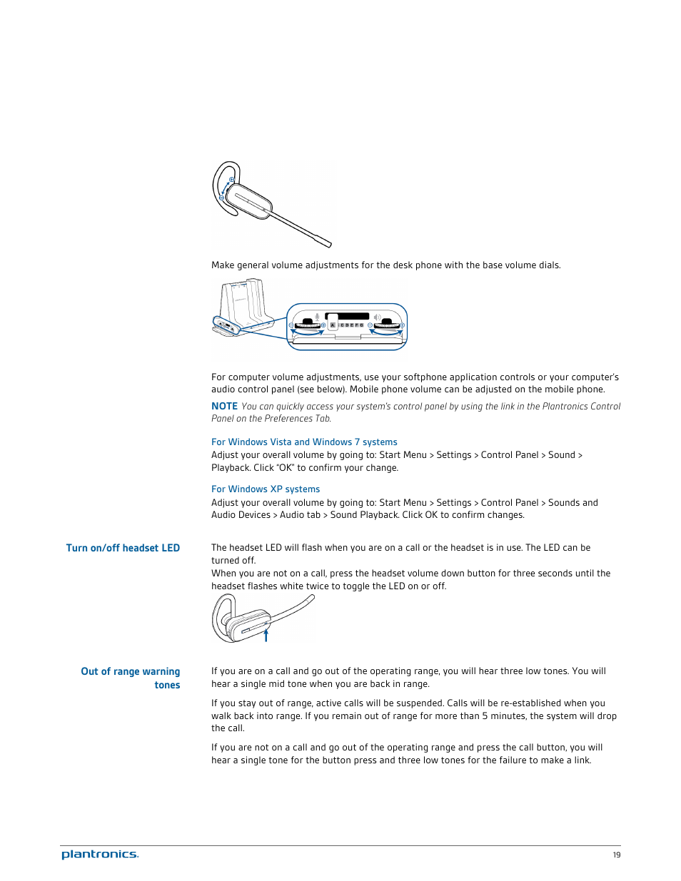 For windows vista and windows 7 systems, For windows xp systems, Turn on/off headset led | Out of range warning tones | Plantronics Savi W740 User Manual | Page 19 / 38