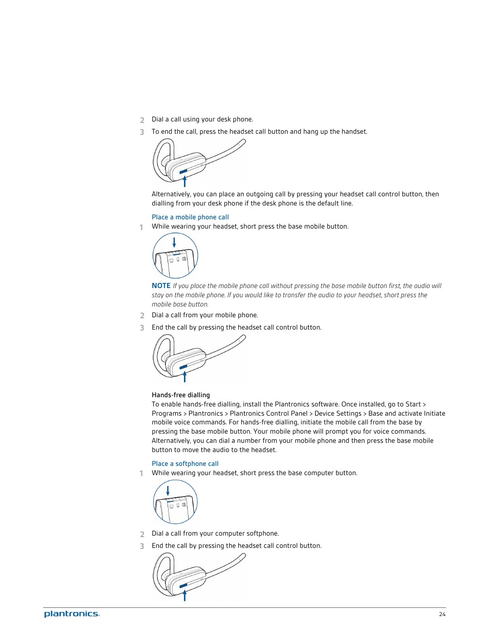 Place a mobile phone call, Hands-free dialling, Place a softphone call | Plantronics Savi W740 User Manual | Page 24 / 38