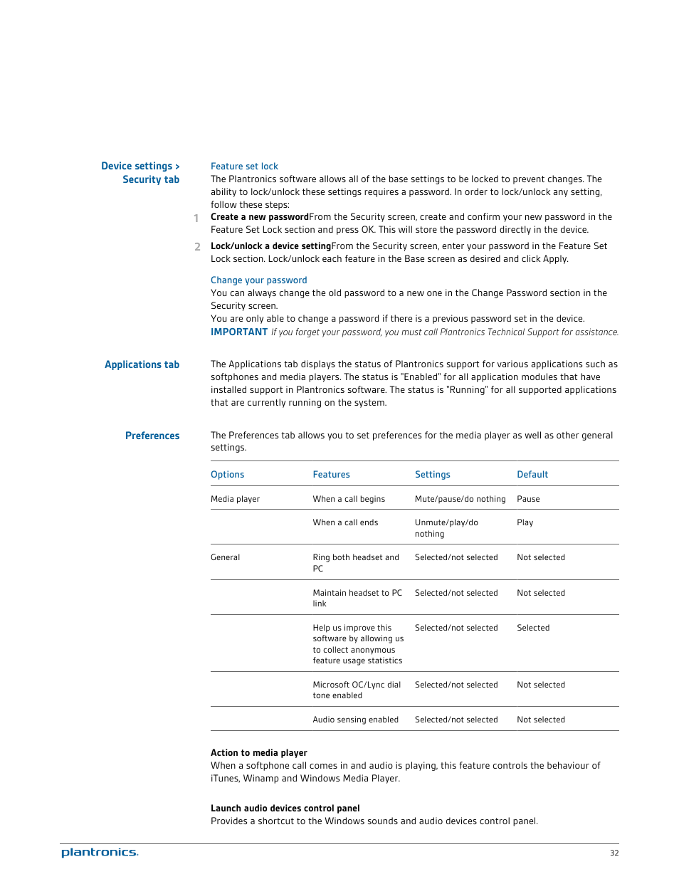 Device settings > security tab, Feature set lock, Change your password | Applications tab, Preferences | Plantronics Savi W740 User Manual | Page 32 / 38