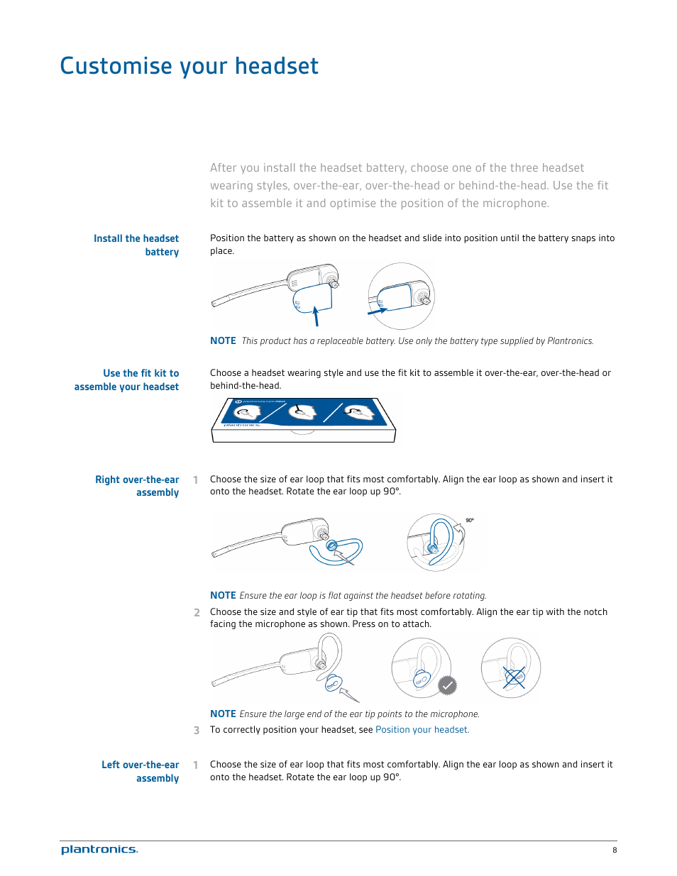 Customise your headset, Install the headset battery, Use the fit kit to assemble your headset | Right over-the-ear assembly, Left over-the-ear assembly | Plantronics Savi W740 User Manual | Page 8 / 38