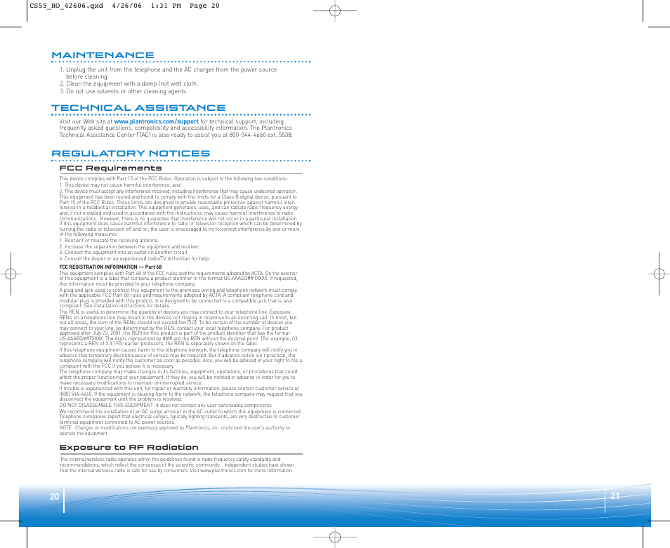 21 20 regulatory notices, Maintenance, Technical assistance | Plantronics CS55H User Manual | Page 11 / 11