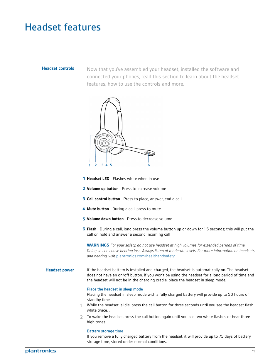 Headset features, Headset controls, Headset power | Place the headset in sleep mode, Battery storage time | Plantronics Savi W720 User Manual | Page 15 / 36