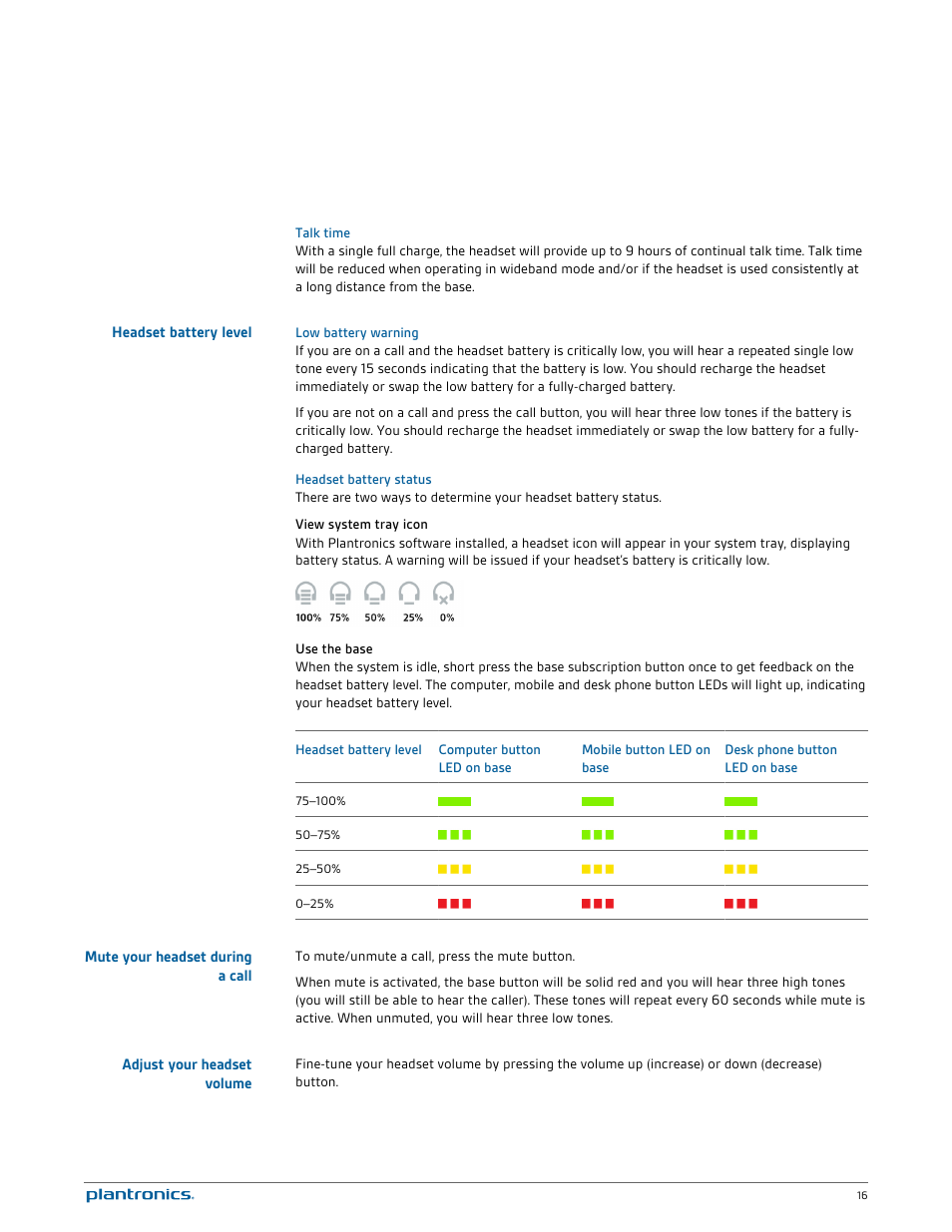 Talk time, Headset battery level, Low battery warning | Headset battery status, View system tray icon, Use the base, Mute your headset during a call, Adjust your headset volume | Plantronics Savi W720 User Manual | Page 16 / 36