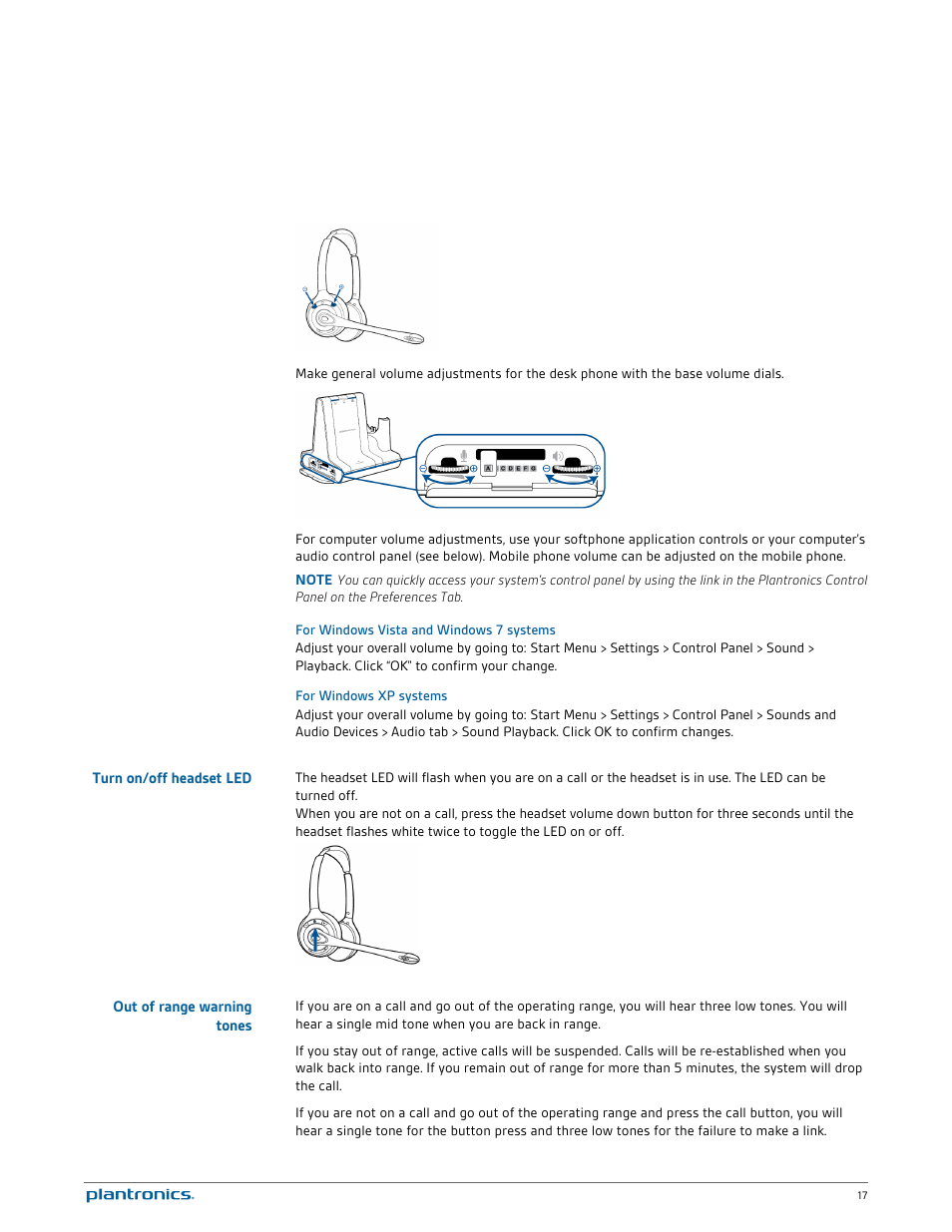 For windows vista and windows 7 systems, For windows xp systems, Turn on/off headset led | Out of range warning tones | Plantronics Savi W720 User Manual | Page 17 / 36