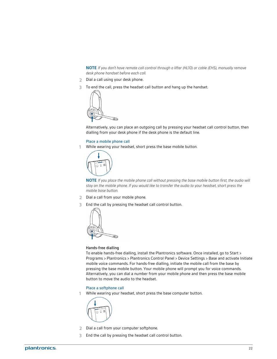 Place a mobile phone call, Hands-free dialling, Place a softphone call | Plantronics Savi W720 User Manual | Page 22 / 36