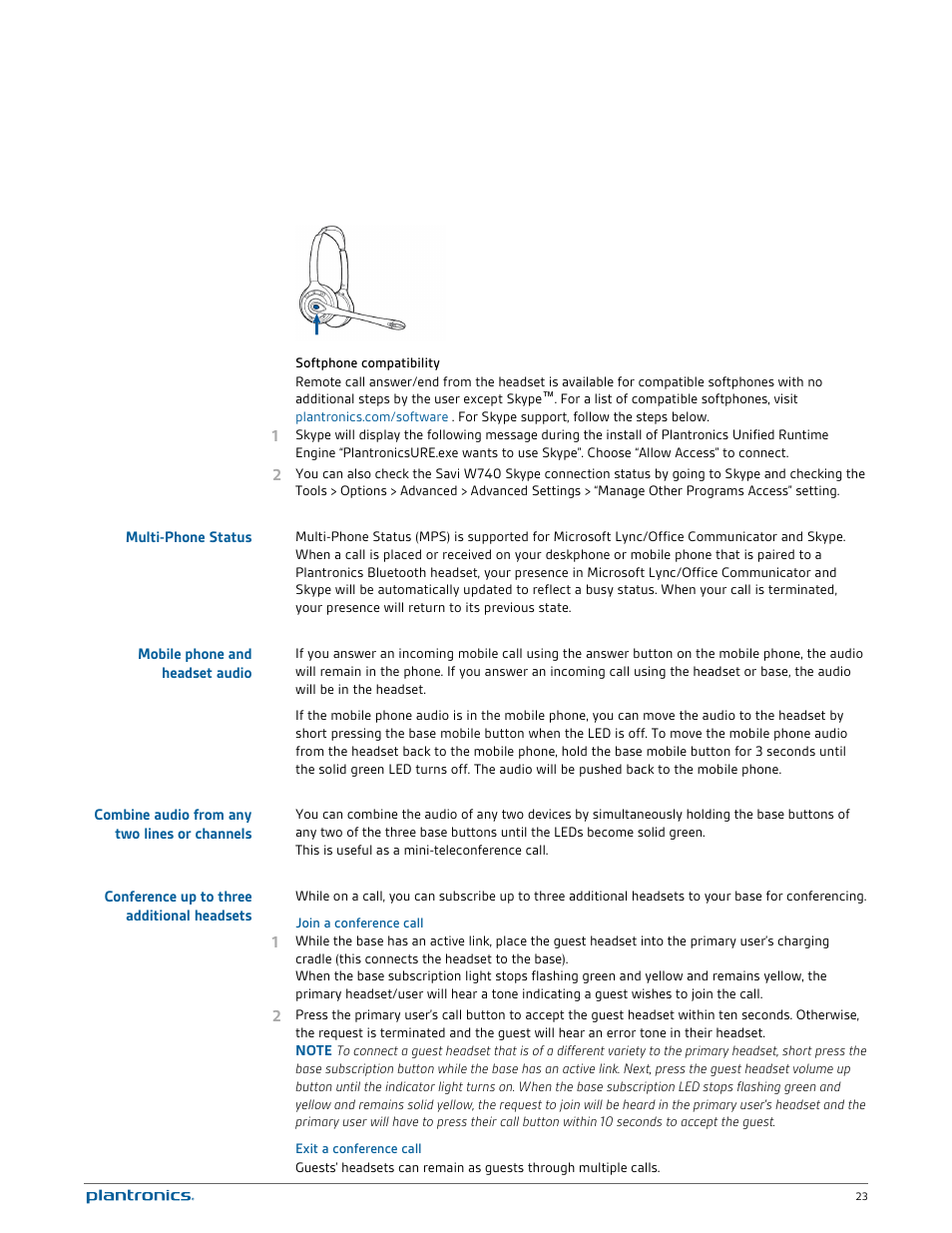 Softphone compatibility, Multi-phone status, Mobile phone and headset audio | Combine audio from any two lines or channels, Conference up to three additional headsets, Join a conference call, Exit a conference call | Plantronics Savi W720 User Manual | Page 23 / 36