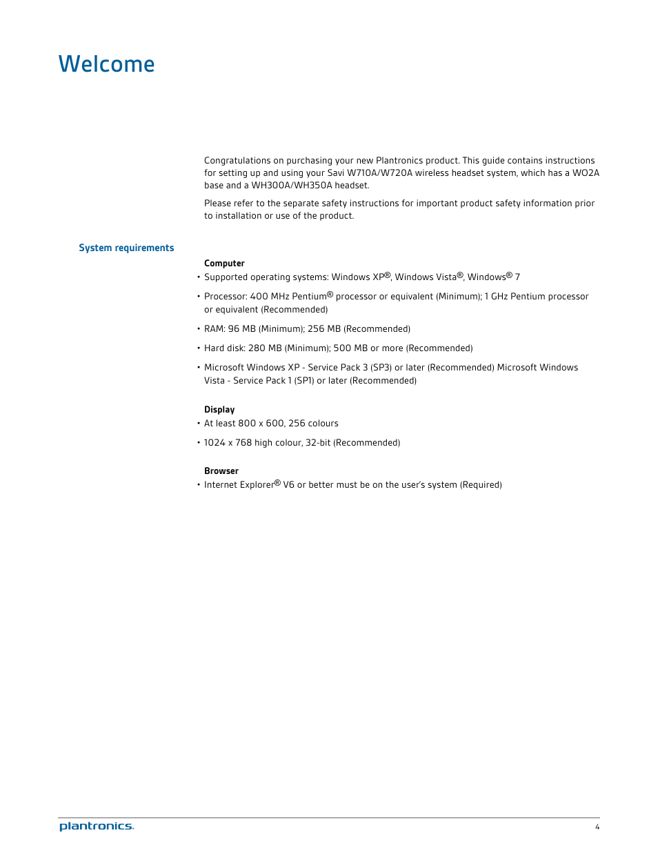 Welcome, System requirements | Plantronics Savi W720 User Manual | Page 4 / 36