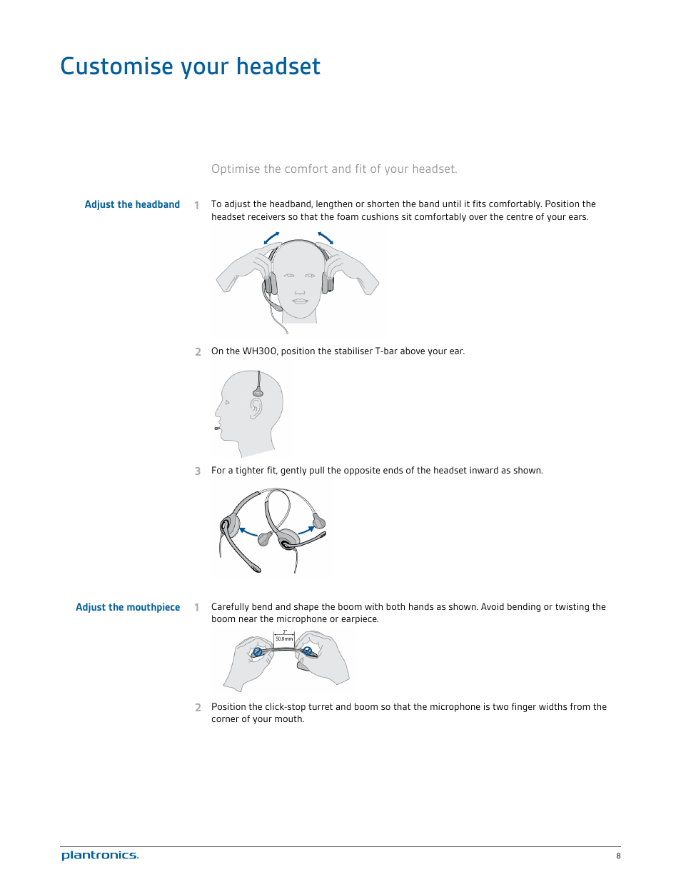 Customise your headset, Adjust the headband, Adjust the mouthpiece | Plantronics Savi W720 User Manual | Page 8 / 36