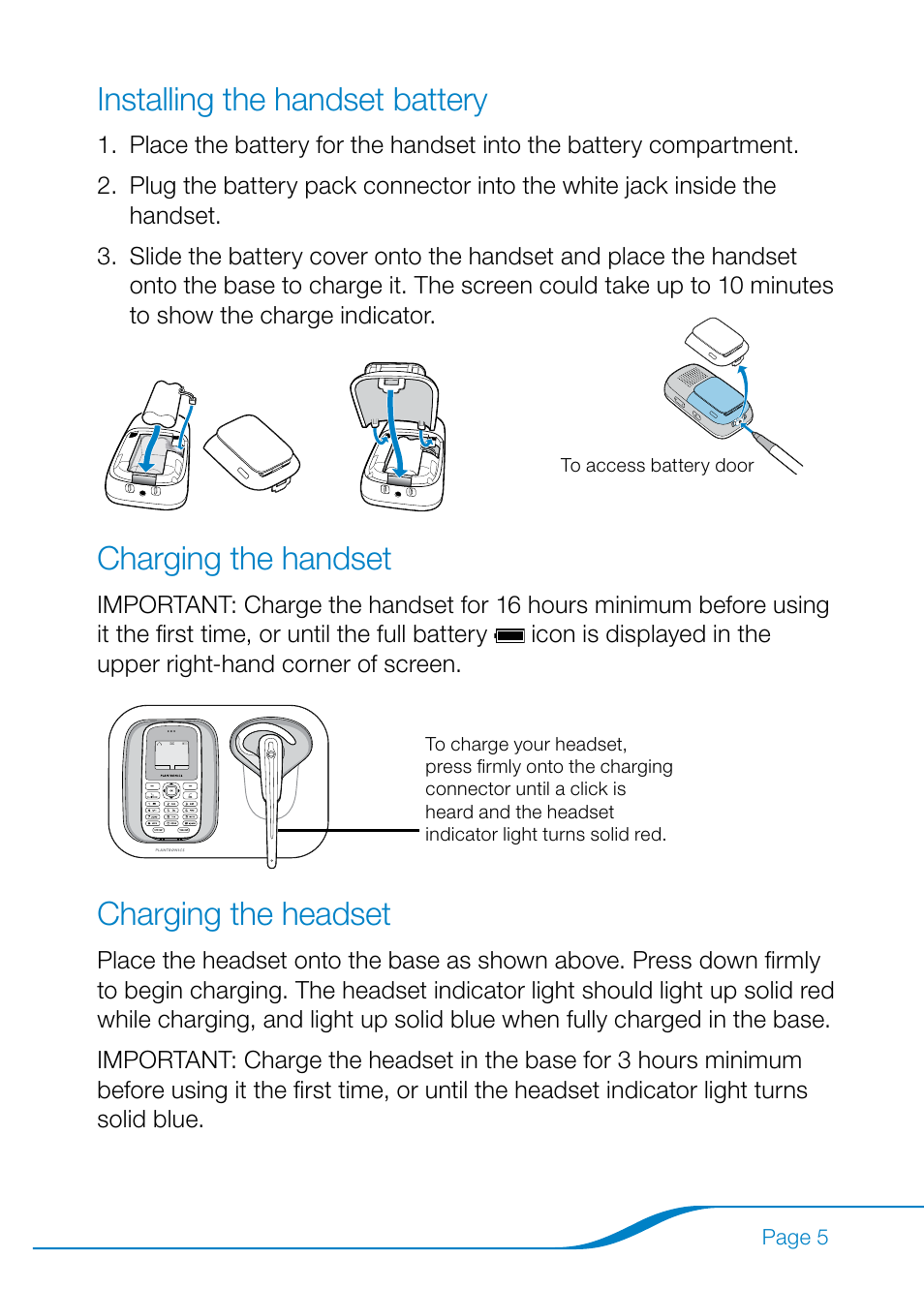 Installing the handset battery, Charging the handset, Charging the headset | Plantronics Calisto Pro Series User Manual | Page 11 / 60