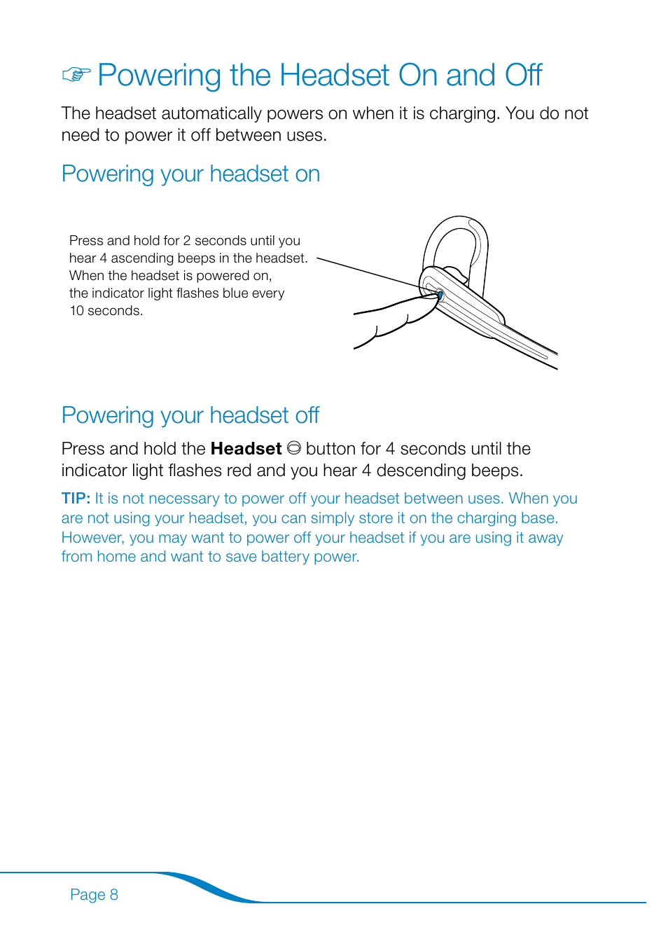 Powering the headset on and off, Powering your headset on powering your headset off, Powering your headset on | Powering your headset off | Plantronics Calisto Pro Series User Manual | Page 14 / 60