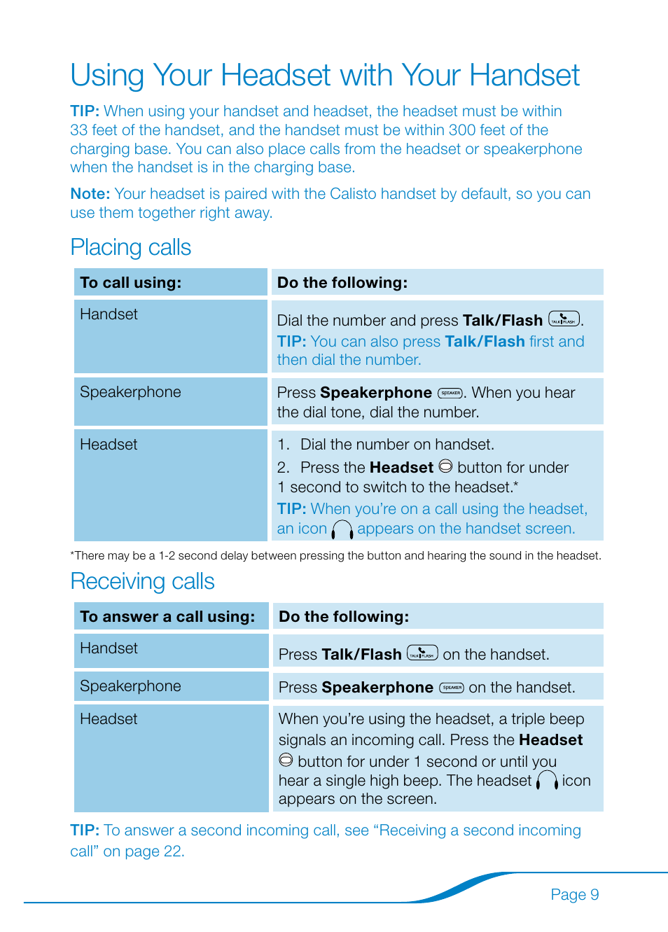 Using your headset with your handset, Placing calls receiving calls, Placing calls | Receiving calls | Plantronics Calisto Pro Series User Manual | Page 15 / 60