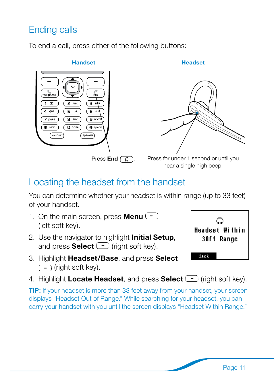 Ending calls locating the headset from the handset, Ending calls, Locating the headset from the handset | Plantronics Calisto Pro Series User Manual | Page 17 / 60