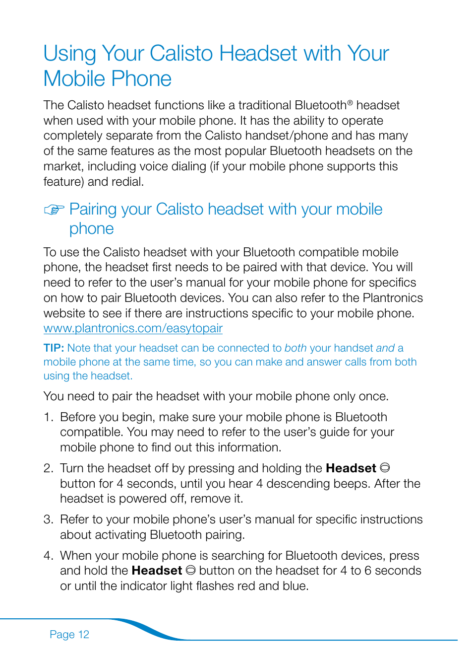 Using your calisto headset with your mobile phone | Plantronics Calisto Pro Series User Manual | Page 18 / 60