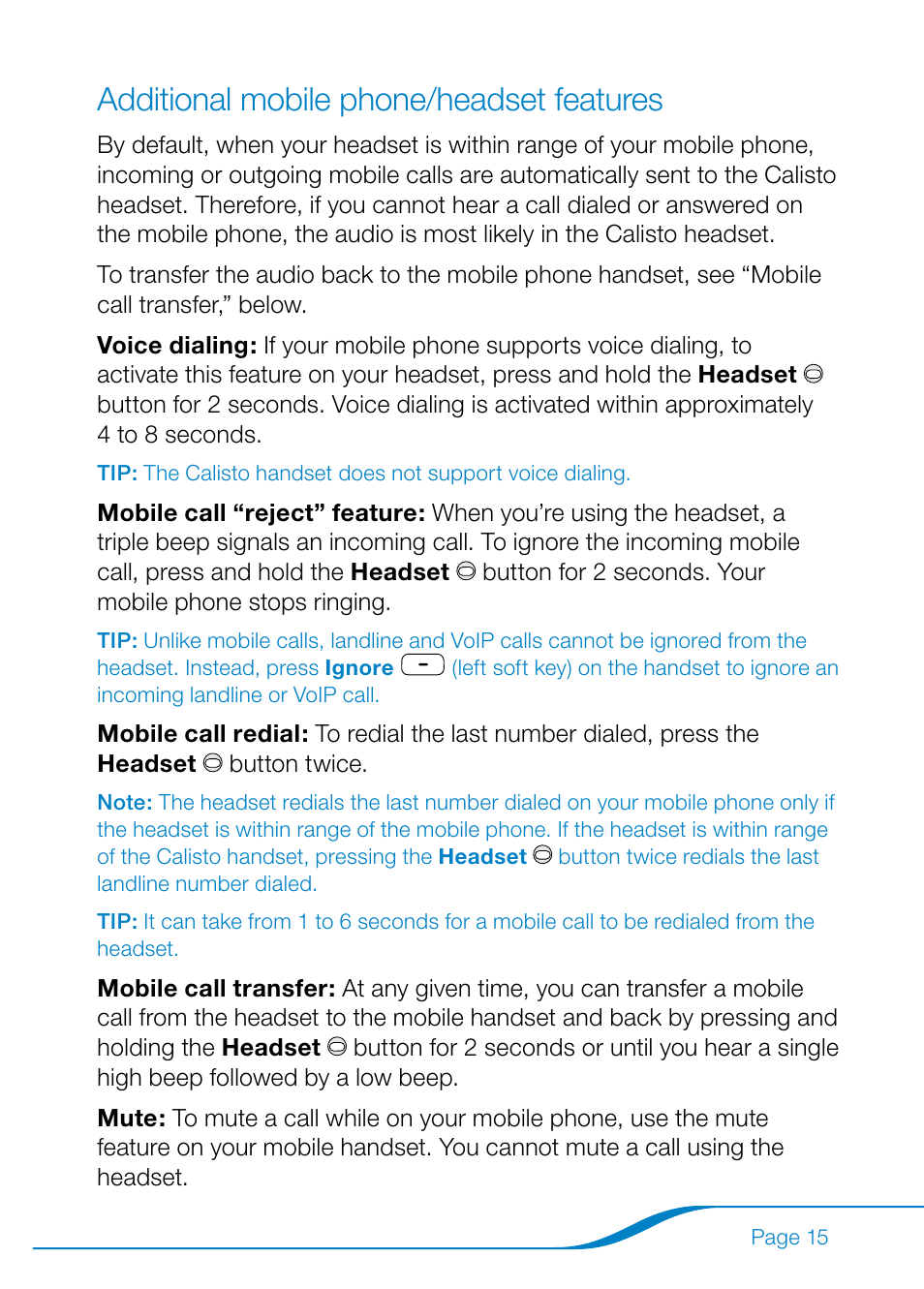 Additional mobile phone/headset features | Plantronics Calisto Pro Series User Manual | Page 21 / 60