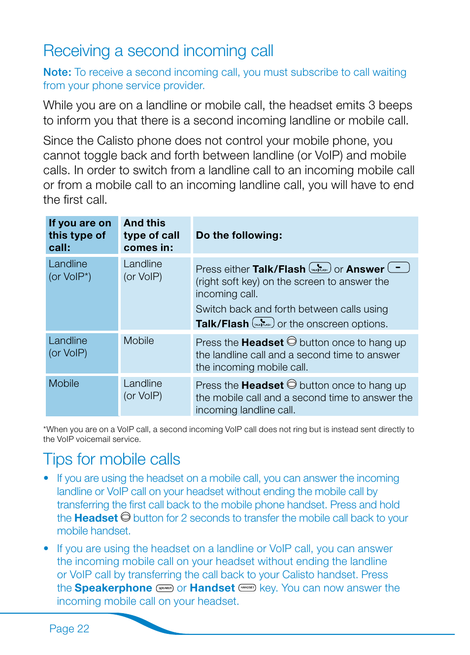 Receiving a second incoming call, Tips for mobile calls | Plantronics Calisto Pro Series User Manual | Page 28 / 60