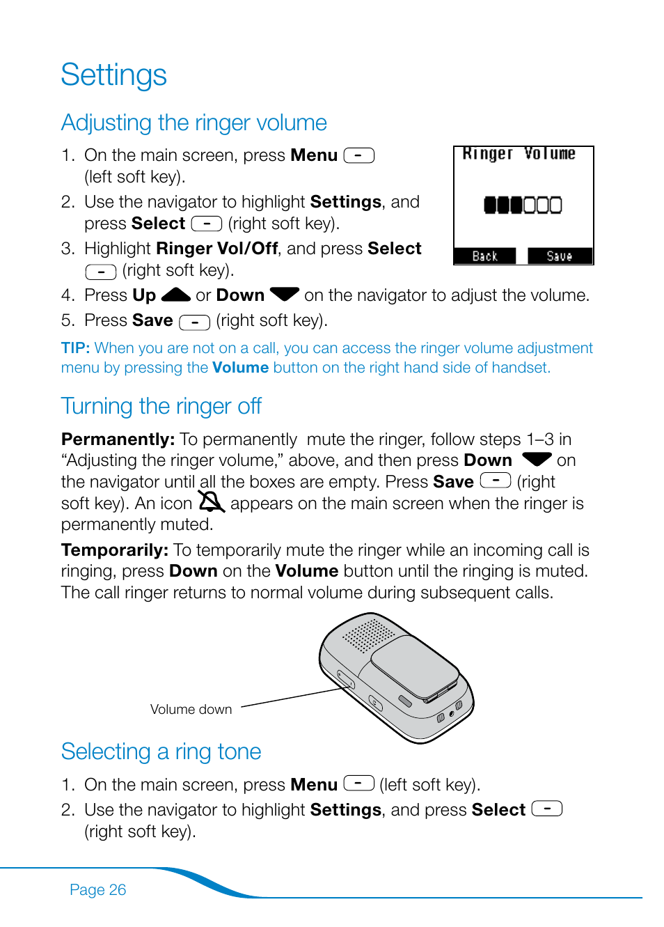Settings, Adjusting the ringer volume, Turning the ringer off | Selecting a ring tone | Plantronics Calisto Pro Series User Manual | Page 32 / 60