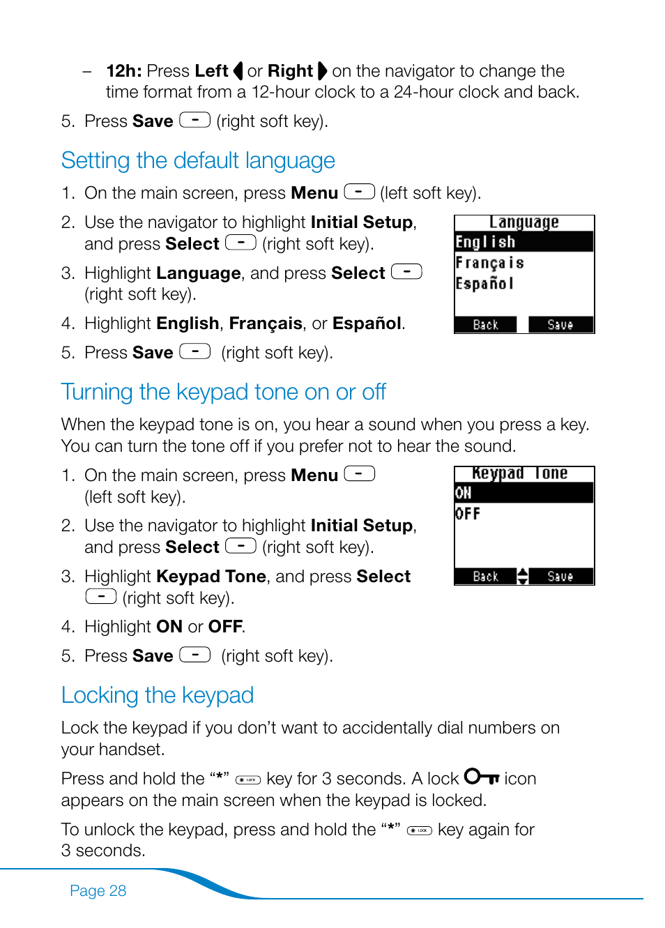 Setting the default language, Turning the keypad tone on or off, Locking the keypad | Plantronics Calisto Pro Series User Manual | Page 34 / 60