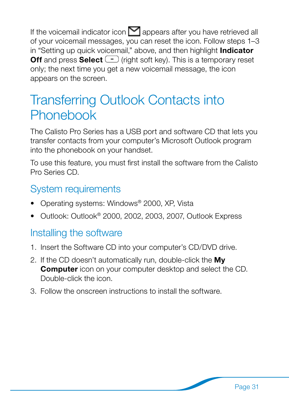 Transferring outlook contacts into phonebook, System requirements installing the software, System requirements | Installing the software | Plantronics Calisto Pro Series User Manual | Page 37 / 60