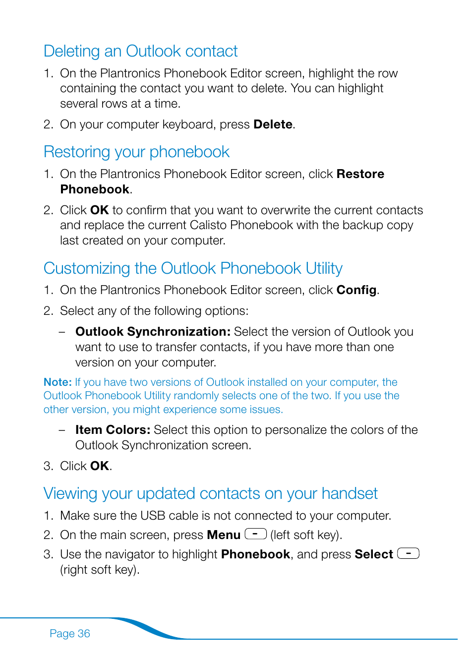 Deleting an outlook contact, Restoring your phonebook, Customizing the outlook phonebook utility | Viewing your updated contacts on your handset | Plantronics Calisto Pro Series User Manual | Page 42 / 60