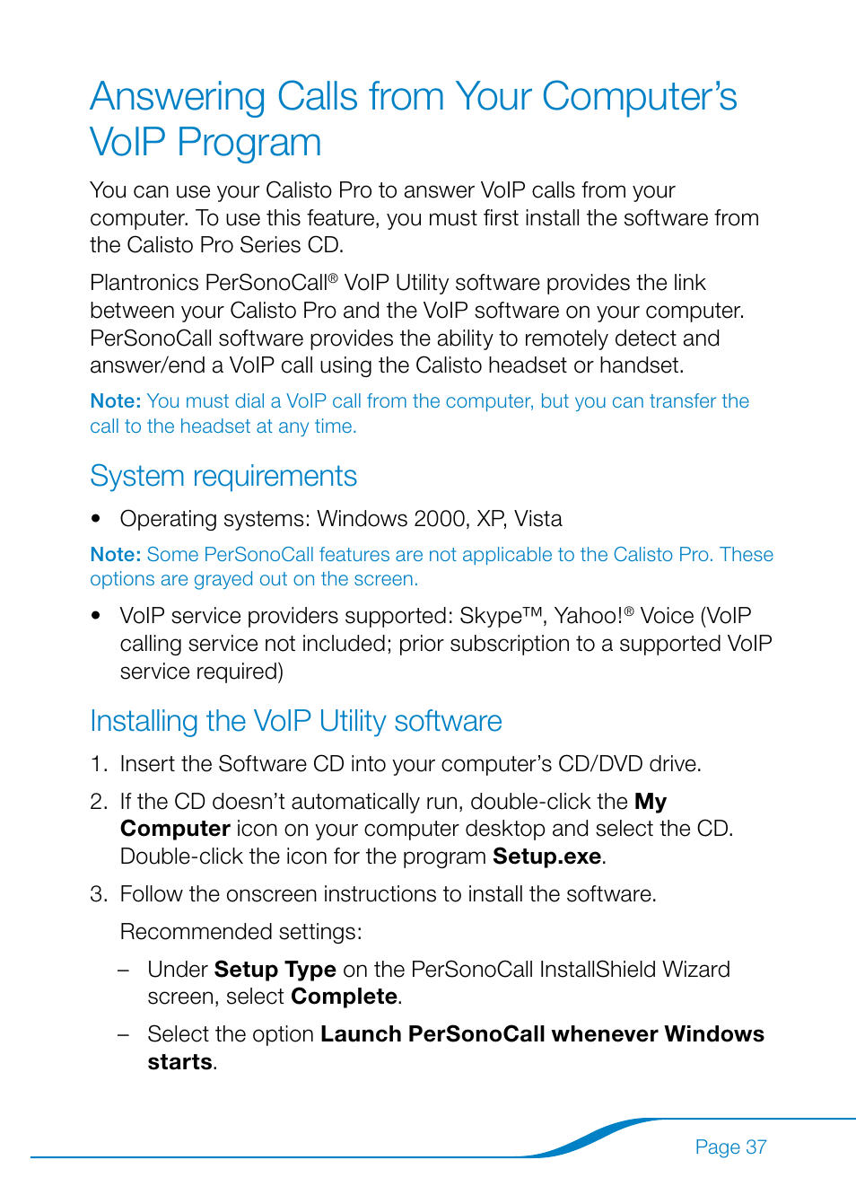 Answering calls from your computer’s voip program, System requirements, Installing the voip utility software | Plantronics Calisto Pro Series User Manual | Page 43 / 60