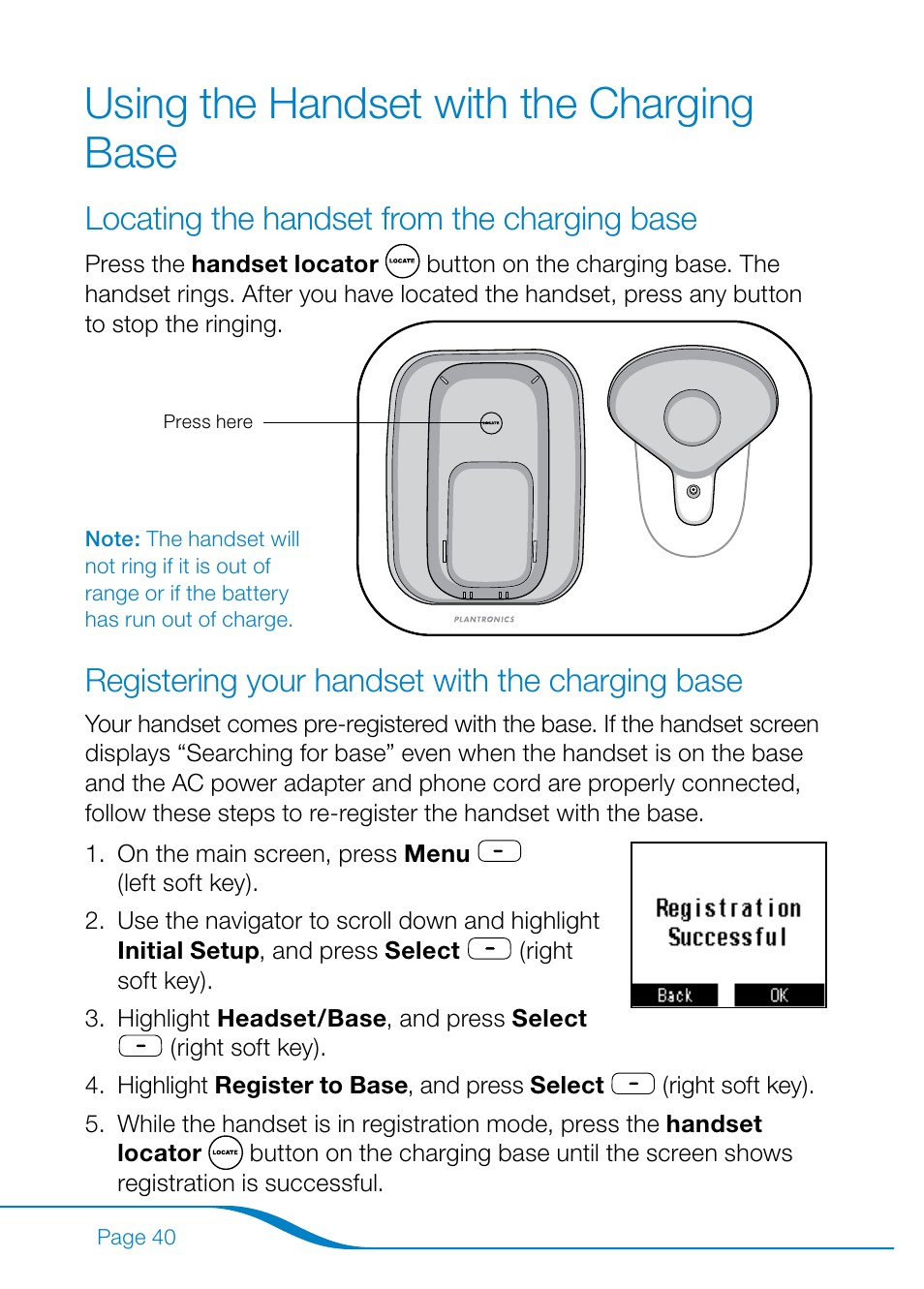 Using the handset with the charging base, Locating the handset from the charging base, Registering your handset with the charging base | Plantronics Calisto Pro Series User Manual | Page 46 / 60