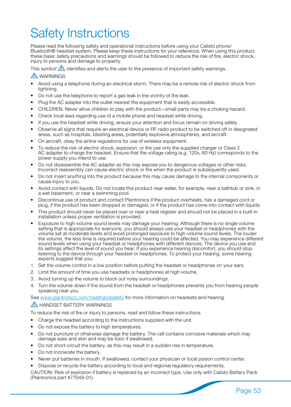 Safety instructions, Page 53 | Plantronics Calisto Pro Series User Manual | Page 59 / 60
