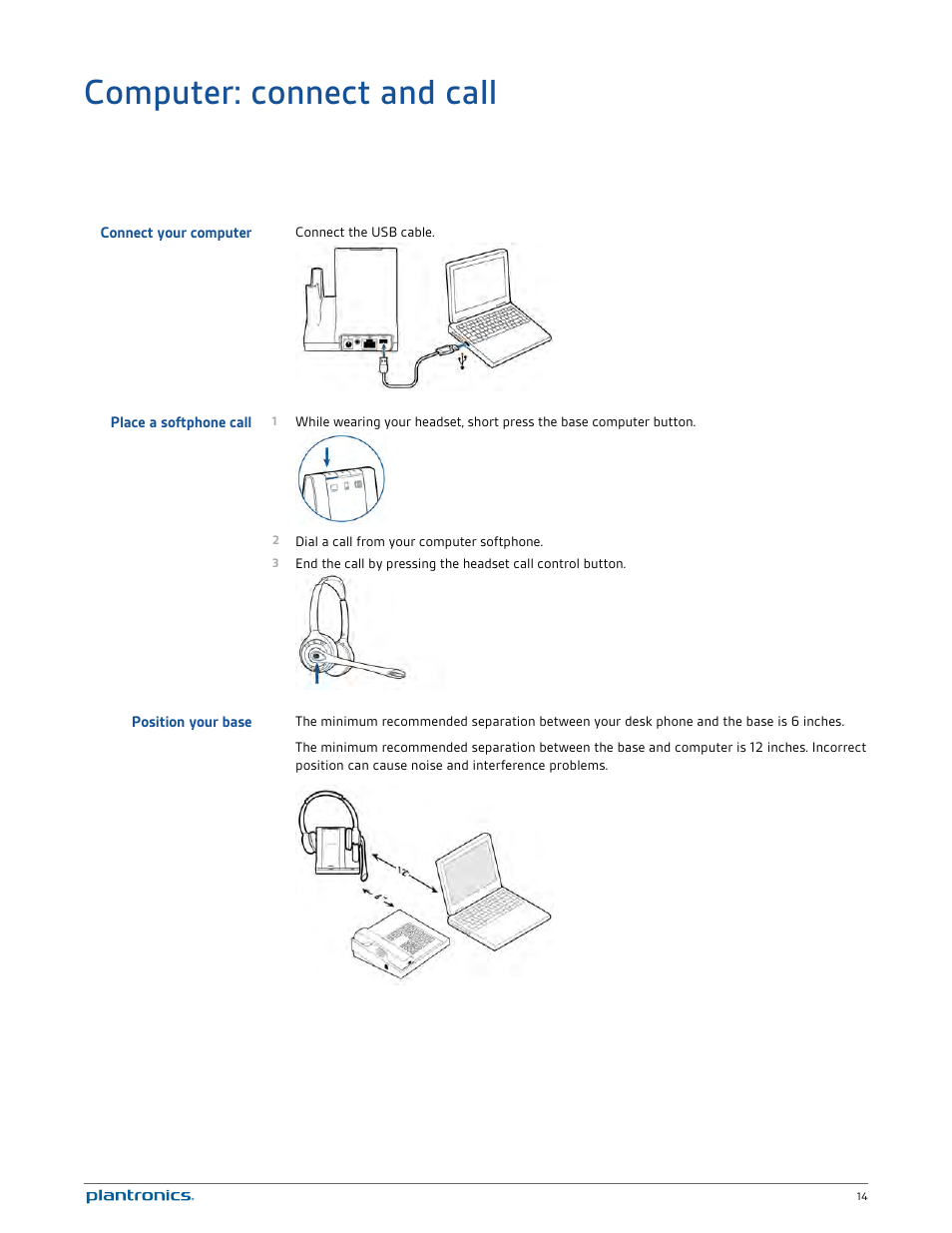 Computer: connect and call, Connect your computer, Place a softphone call | Position your base | Plantronics Savi 720-M User Manual | Page 14 / 35