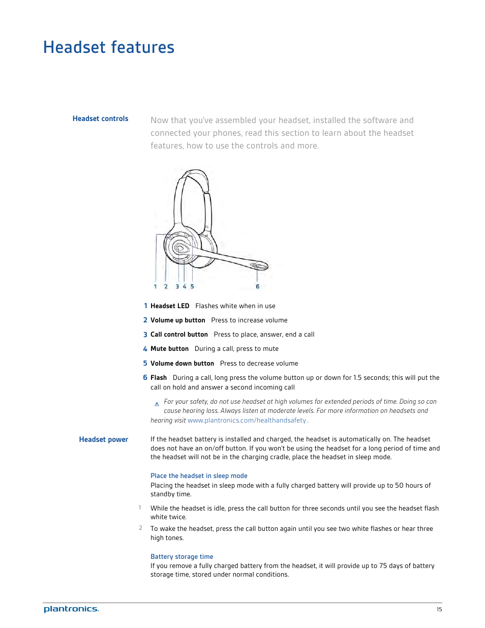 Headset features, Headset controls, Headset power | Place the headset in sleep mode, Battery storage time | Plantronics Savi 720-M User Manual | Page 15 / 35