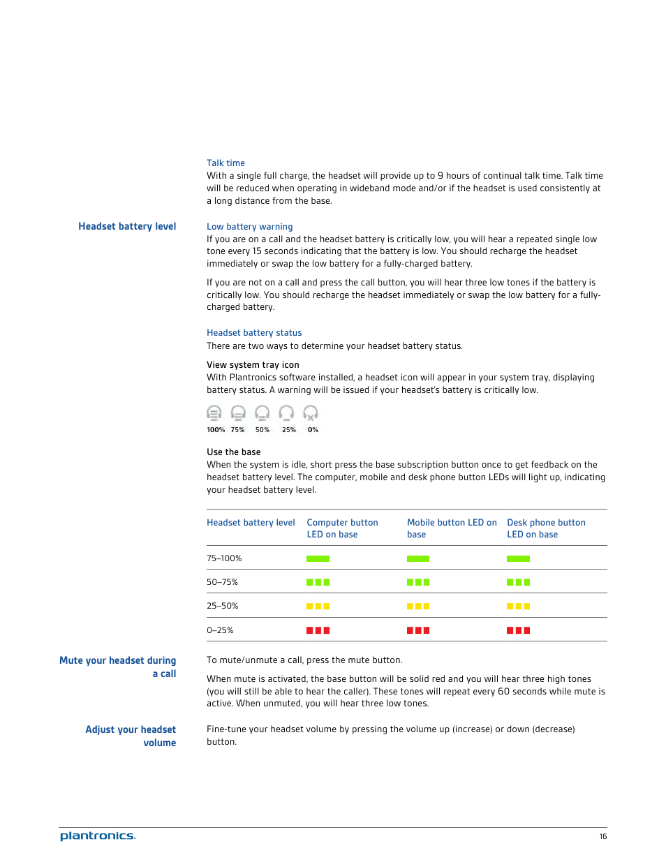 Talk time, Headset battery level, Low battery warning | Headset battery status, View system tray icon, Use the base, Mute your headset during a call, Adjust your headset volume | Plantronics Savi 720-M User Manual | Page 16 / 35