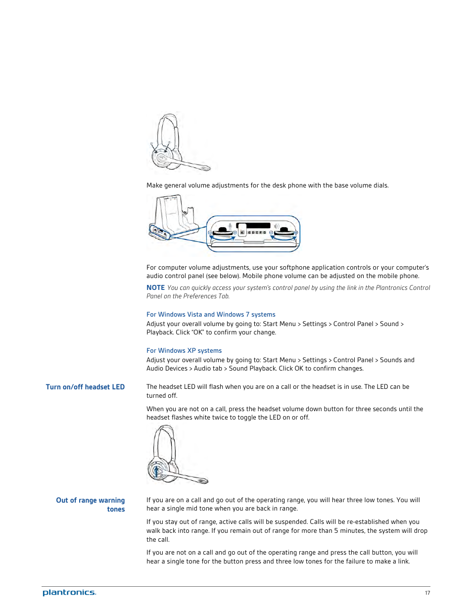 For windows vista and windows 7 systems, For windows xp systems, Turn on/off headset led | Out of range warning tones | Plantronics Savi 720-M User Manual | Page 17 / 35