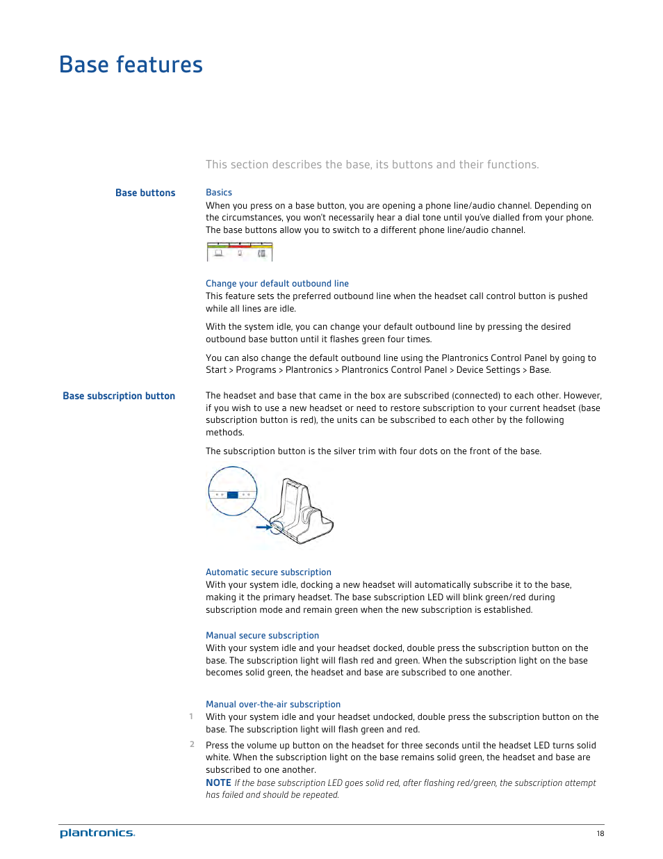 Base features, Base buttons, Basics | Change your default outbound line, Base subscription button, Automatic secure subscription, Manual secure subscription, Manual over-the-air subscription | Plantronics Savi 720-M User Manual | Page 18 / 35